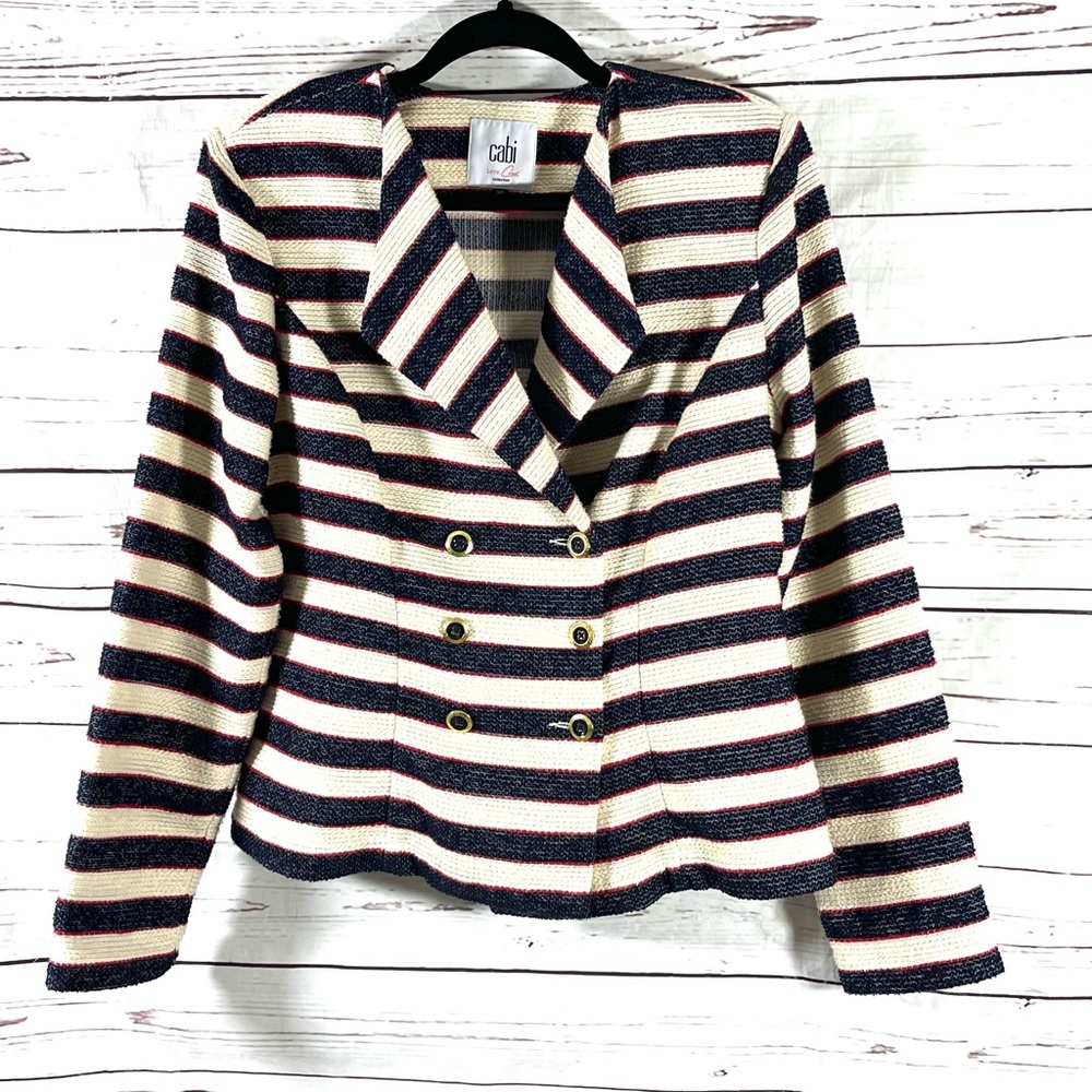 CAbi Jacquard Blazer Jacket Size 10 Double Breasted Blue/Red Stripped Twill